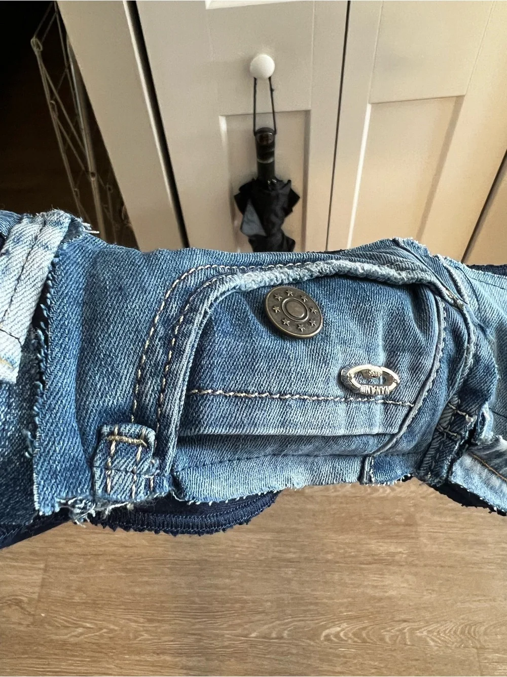 Denim Patchwork Fingerless Gloves- Blue OS